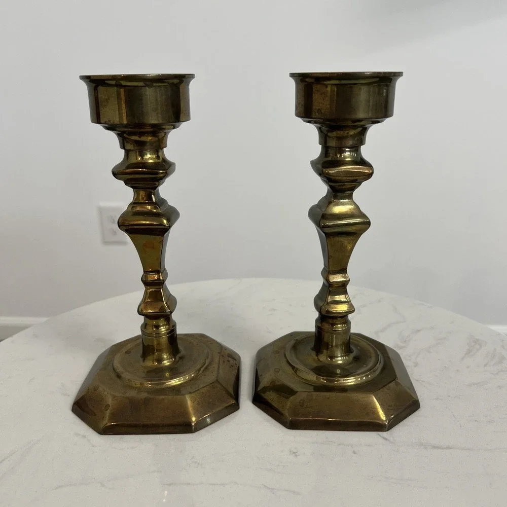 Vtg Solid Brass Candlestick Holders Pair Mantel Farmhouse Colonial Style Decor‎